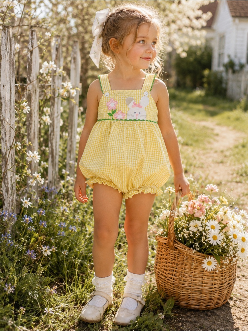 Samara 4T Yellow Seersucker Bunny Easter Bubble Romper Cottagecore